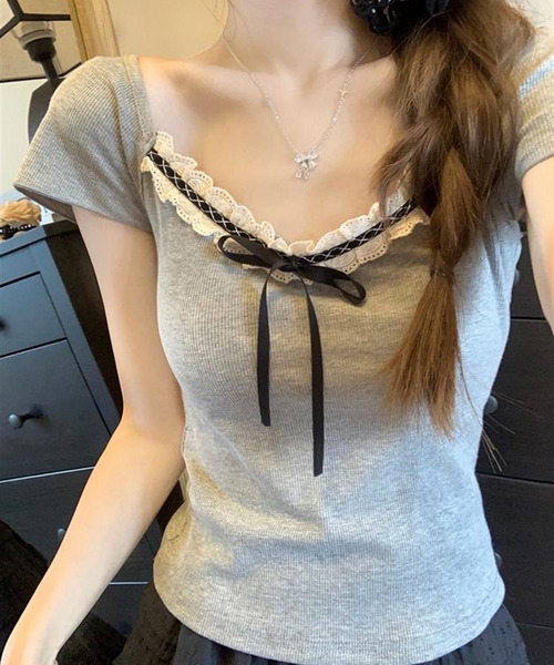 VIBGYOR（ヴィブジョー）の「リボンレース デザインコンパクトトップス(CZ)（Tシャツ/カットソー・レディース・グレー/アイボリー・MEDIUM/LARGE）」の7枚目の写真