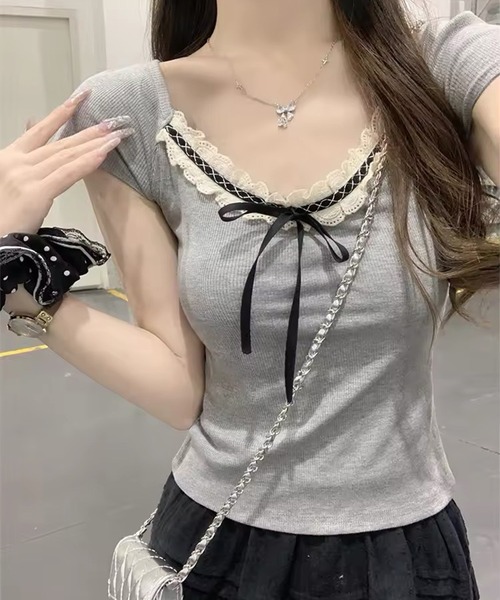 VIBGYOR（ヴィブジョー）の「リボンレース デザインコンパクトトップス(CZ)（Tシャツ/カットソー・レディース・グレー/アイボリー・MEDIUM/LARGE）」の10枚目の写真