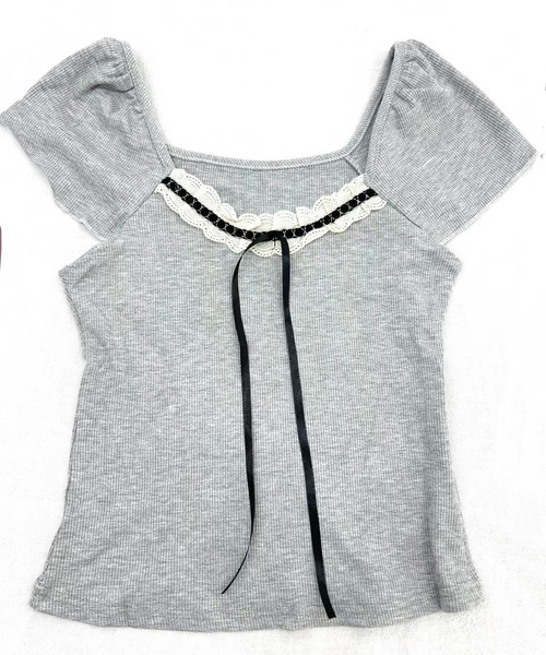 VIBGYOR（ヴィブジョー）の「リボンレース デザインコンパクトトップス(CZ)（Tシャツ/カットソー・レディース・グレー/アイボリー・MEDIUM/LARGE）」の11枚目の写真