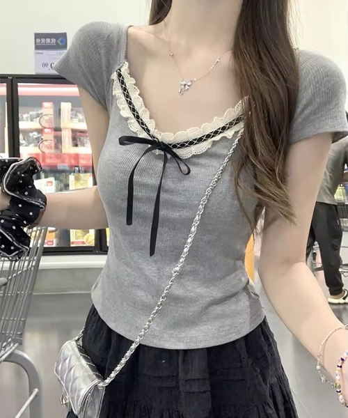 VIBGYOR（ヴィブジョー）の「リボンレース デザインコンパクトトップス(CZ)（Tシャツ/カットソー・レディース・グレー/アイボリー・MEDIUM/LARGE）」の8枚目の写真
