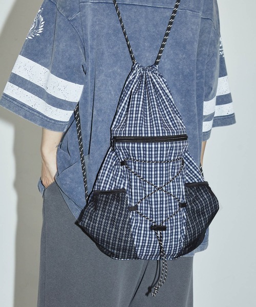 ネイビー ブラック グリーン チェック ドローコード バックパック ナップサック メッシュポケットドローコードナップサック(ワンサイズ グレー