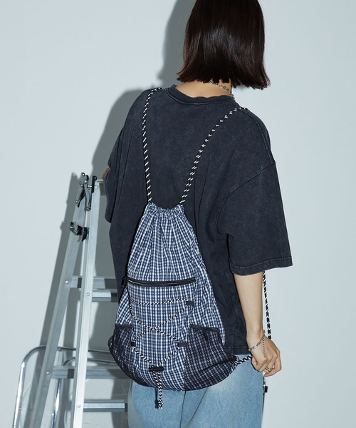 ネイビー ブラック グリーン チェック ドローコード バックパック ナップサック SEQUENZ（シークエンズ）】DAILY TECH KNAPSACK / ナップサック