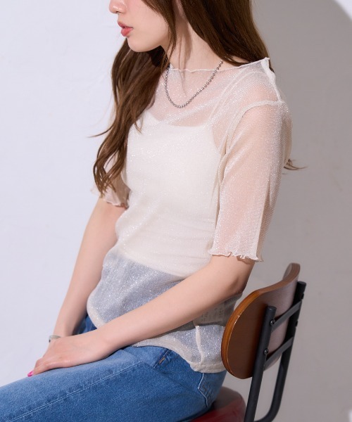 TRIANGLE PALETTE（トライアングルパレット）の「シアーラメ ボートネック半袖トップス /五分袖（Tシャツ/カットソー・レディース・ブラック/グレー/アイボリー・FREE）」の16枚目の写真