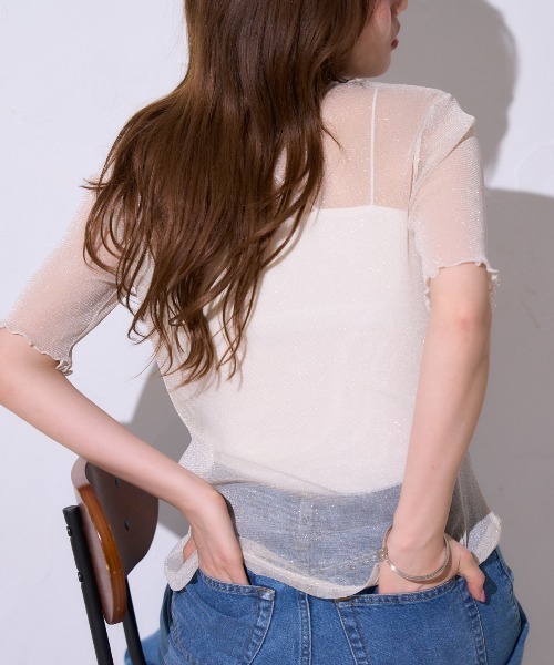 TRIANGLE PALETTE（トライアングルパレット）の「シアーラメ ボートネック半袖トップス /五分袖（Tシャツ/カットソー・レディース・ブラック/グレー/アイボリー・FREE）」の17枚目の写真