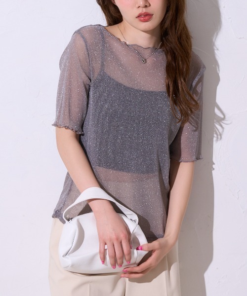 TRIANGLE PALETTE（トライアングルパレット）の「シアーラメ ボートネック半袖トップス /五分袖（Tシャツ/カットソー・レディース・ブラック/グレー/アイボリー・FREE）」の8枚目の写真