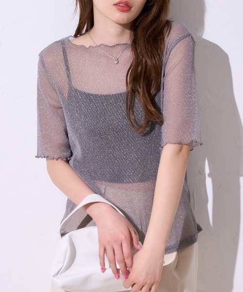 TRIANGLE PALETTE（トライアングルパレット）の「シアーラメ ボートネック半袖トップス /五分袖（Tシャツ/カットソー・レディース・ブラック/グレー/アイボリー・FREE）」の9枚目の写真