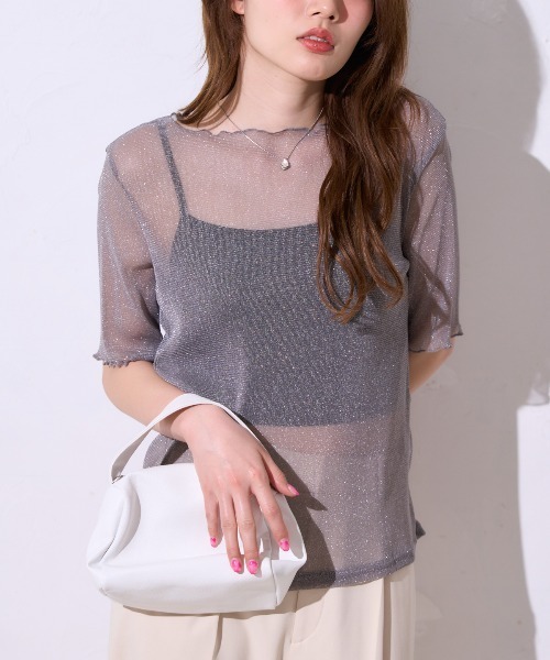 TRIANGLE PALETTE（トライアングルパレット）の「シアーラメ ボートネック半袖トップス /五分袖（Tシャツ/カットソー・レディース・ブラック/グレー/アイボリー・FREE）」の10枚目の写真