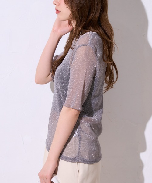 TRIANGLE PALETTE（トライアングルパレット）の「シアーラメ ボートネック半袖トップス /五分袖（Tシャツ/カットソー・レディース・ブラック/グレー/アイボリー・FREE）」の13枚目の写真