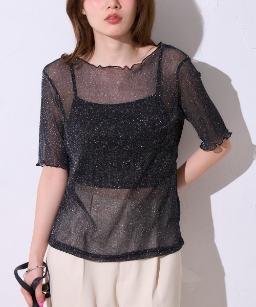 TRIANGLE PALETTE（トライアングルパレット）の「シアーラメ ボートネック半袖トップス /五分袖（Tシャツ/カットソー・レディース・ブラック/グレー/アイボリー・FREE）」の19枚目の写真