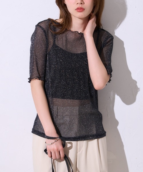 TRIANGLE PALETTE（トライアングルパレット）の「シアーラメ ボートネック半袖トップス /五分袖（Tシャツ/カットソー・レディース・ブラック/グレー/アイボリー・FREE）」の21枚目の写真