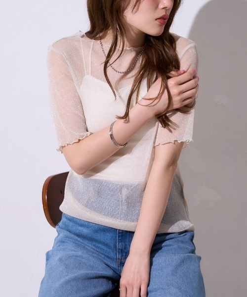 TRIANGLE PALETTE（トライアングルパレット）の「シアーラメ ボートネック半袖トップス /五分袖（Tシャツ/カットソー・レディース・ブラック/グレー/アイボリー・FREE）」の15枚目の写真