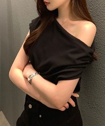 ワンショルダー ドレープ アシンメトリー シャーリング トップス