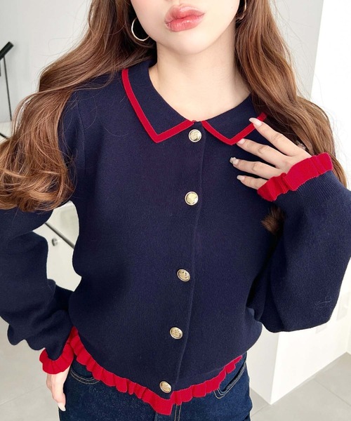 ぽり出品 セール】えり付き配色フリルカーディガン（カーディガン/ボレロ