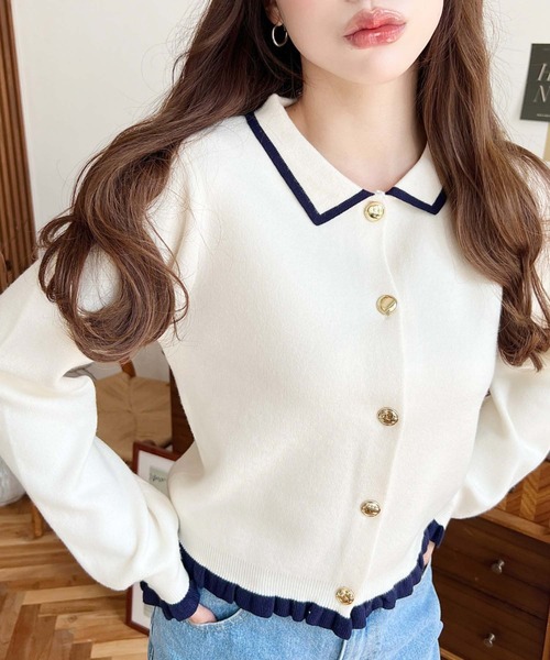 セール】えり付き配色フリルカーディガン（カーディガン/ボレロ