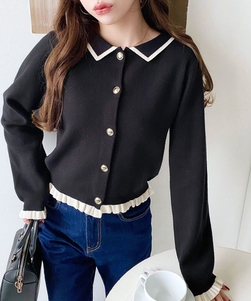 セール】えり付き配色フリルカーディガン（カーディガン/ボレロ