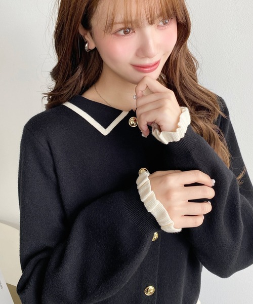 セール】えり付き配色フリルカーディガン（カーディガン/ボレロ