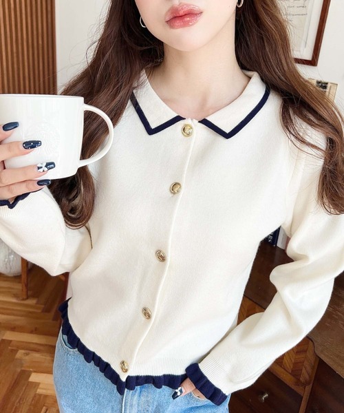 セール】えり付き配色フリルカーディガン（カーディガン/ボレロ