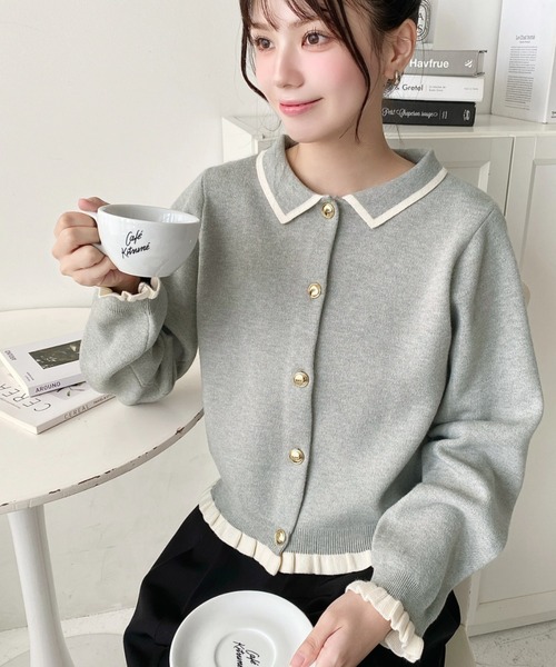 moment+(モーメントプラス)の「えり付き配色フリルカーディガン〈手洗い可能〉(カーディガン/ボレロ・レディース・ネイビー/杢グレー/ブラック/アイボリー/ボルドー/ブラウン・M/L)」の16枚目の写真