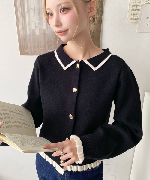 ぽり出品 セール】えり付き配色フリルカーディガン（カーディガン/ボレロ