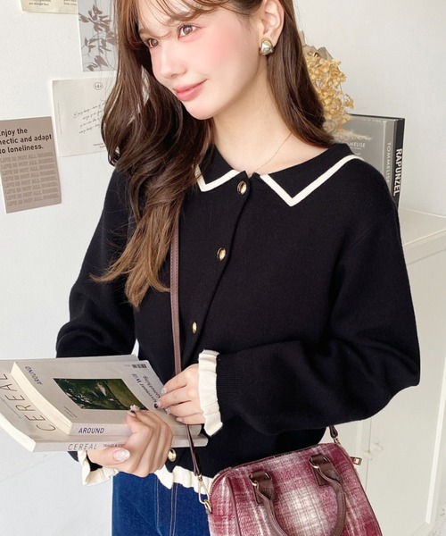 セール】えり付き配色フリルカーディガン（カーディガン/ボレロ