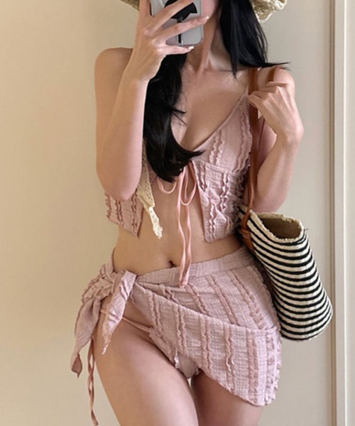 Lace Ladies（レースレディース）の「【3点セット】ビスチェ風 フリル パレオ付き ビキニ 水着（水着・レディース・ピンク/ブルー/ブラック・M/L/XL）」の15枚目の写真