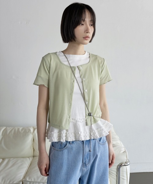 UNE MANSION(ユヌマンション)の「【UNE ORIGINAL】スクエアネックジャガードベーシックスリムサマー カーディガン(Tシャツ/カットソー・レディース・ブラック/ピンク/グリーン/ベージュ・FREE)」の3枚目の写真