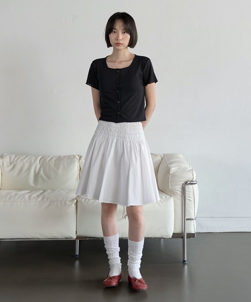 UNE MANSION(ユヌマンション)の「【UNE ORIGINAL】スクエアネックジャガードベーシックスリムサマー カーディガン(Tシャツ/カットソー・レディース・ブラック/ピンク/グリーン/ベージュ・FREE)」の5枚目の写真