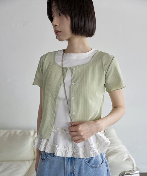 UNE MANSION(ユヌマンション)の「【UNE ORIGINAL】スクエアネックジャガードベーシックスリムサマー カーディガン(Tシャツ/カットソー・レディース・ブラック/ピンク/グリーン/ベージュ・FREE)」の10枚目の写真