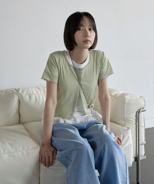 UNE MANSION(ユヌマンション)の「【UNE ORIGINAL】スクエアネックジャガードベーシックスリムサマー カーディガン(Tシャツ/カットソー・レディース・ブラック/ピンク/グリーン/ベージュ・FREE)」の12枚目の写真