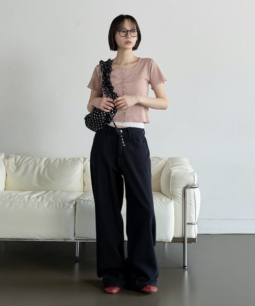 UNE MANSION(ユヌマンション)の「【UNE ORIGINAL】スクエアネックジャガードベーシックスリムサマー カーディガン(Tシャツ/カットソー・レディース・ブラック/ピンク/グリーン/ベージュ・FREE)」の13枚目の写真