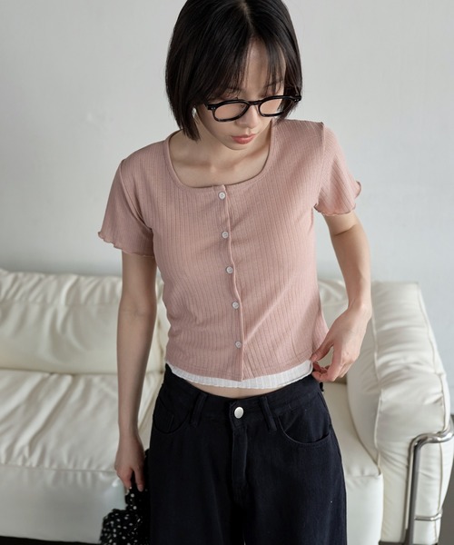 UNE MANSION(ユヌマンション)の「【UNE ORIGINAL】スクエアネックジャガードベーシックスリムサマー カーディガン(Tシャツ/カットソー・レディース・ブラック/ピンク/グリーン/ベージュ・FREE)」の14枚目の写真
