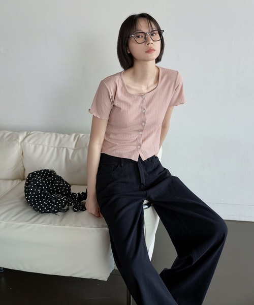 UNE MANSION(ユヌマンション)の「【UNE ORIGINAL】スクエアネックジャガードベーシックスリムサマー カーディガン(Tシャツ/カットソー・レディース・ブラック/ピンク/グリーン/ベージュ・FREE)」の15枚目の写真