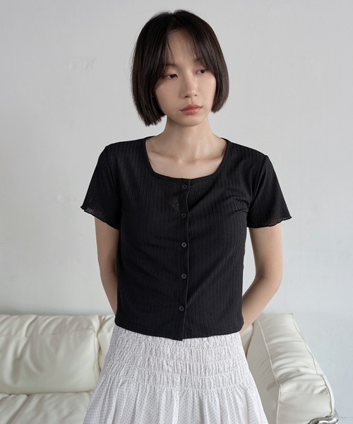 UNE MANSION(ユヌマンション)の「【UNE ORIGINAL】スクエアネックジャガードベーシックスリムサマー カーディガン(Tシャツ/カットソー・レディース・ブラック/ピンク/グリーン/ベージュ・FREE)」の17枚目の写真