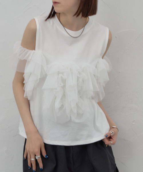 leimn(レイムン)の「チュールフリルタンク(Tシャツ/カットソー・レディース・ホワイト/ブラック・M)」の3枚目の写真