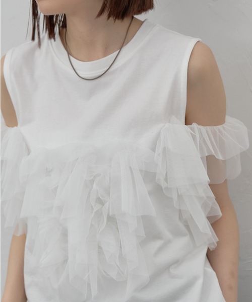 leimn(レイムン)の「チュールフリルタンク(Tシャツ/カットソー・レディース・ホワイト/ブラック・M)」の5枚目の写真