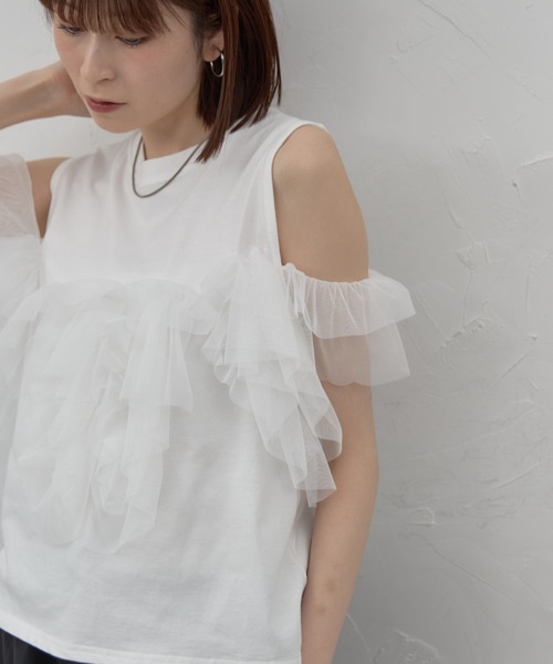 leimn(レイムン)の「チュールフリルタンク(Tシャツ/カットソー・レディース・ホワイト/ブラック・M)」の4枚目の写真