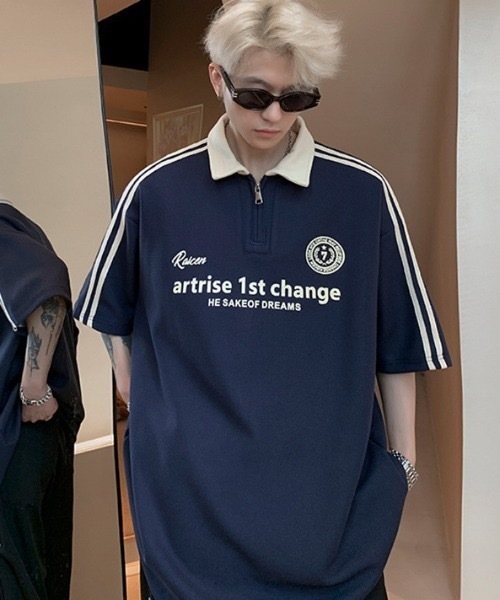 SHEPP(シープ)の「ハーフジップワッフルサイドラインゲーミングT(Tシャツ/カットソー・メンズ・ホワイト/ブラック/ネイビー・L)」の4枚目の写真