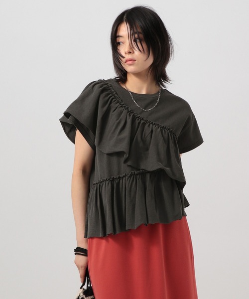 BAYFLOW（ベイフロー）の「[ヴィンテージライク]ピグメントフリルＴ（Tシャツ/カットソー・レディース・オフホワイト/ブラウン/チャコール・FREE）」の8枚目の写真