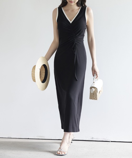 期間限定! DKNY Vネック シフォン ミディワンピース 配色ディープVネックロングニットワンピース【ZOZOTOWN限定