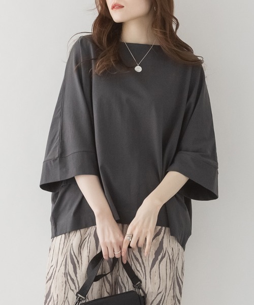 RCD（アールシーディー）の「ボートネック7分袖ドルマンTシャツ　半袖（Tシャツ/カットソー・レディース・ブラック/グレイッシュベージュ/チャコールグレー/オフホワイト・M-L/LL～3L/4L～5L）」の3枚目の写真
