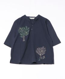 スーパーハッカ　シャツ　刺繍　ブラウス　花柄　コットン　プルオーバー　ゆったり ライトオンスデニム フラワーガーデン刺繍シャツブラウス