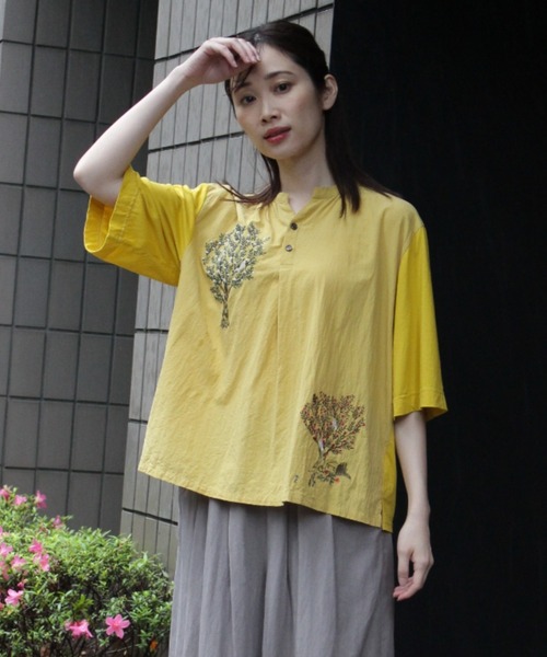 セール】コットンローン＋シルケット天竺バードツリー刺繍ブラウス