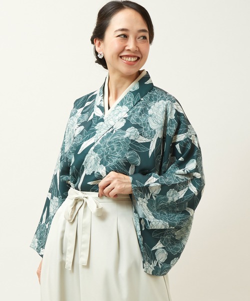 倭物やカヤ(ワモノヤカヤ)の「【倭物やカヤ】花の趣 羽織(カーディガン/ボレロ・レディース・グリーン/ホワイト/スミクロ・FREE)」の3枚目の写真