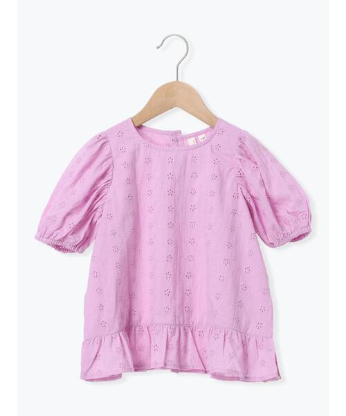 Samansa Mos2 Lagom(サマンサモスモスラーゴム)の「フラワー刺繍パフスリーブブラウス(シャツ/ブラウス・キッズ・パープル/ミント・100/110/120/130/95)」の1枚目の写真