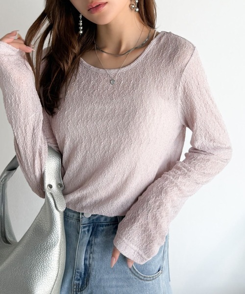 classicalelf（クラシカルエルフ）の「ほどよい透け感が大人上品。総柄シアーレーストップス(長袖)（Tシャツ/カットソー・レディース・ブラウン/グレイッシュベージュ/ブラック/オフホワイト/ブルー・X-LARGE/SMALL/MEDIUM/LARGE）」の4枚目の写真