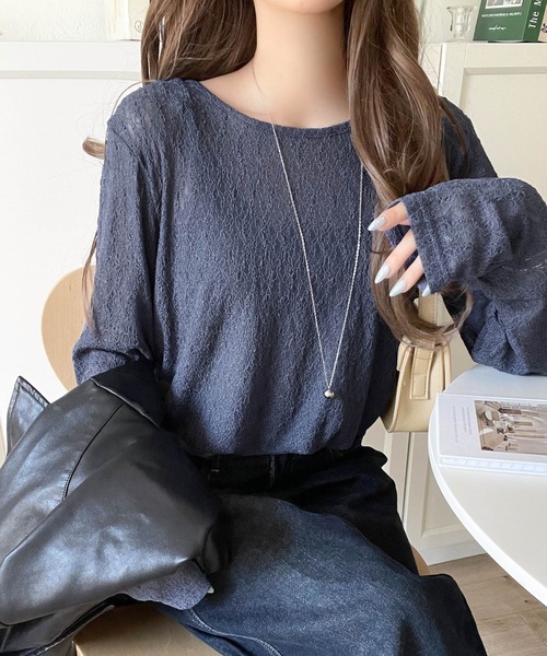 classicalelf（クラシカルエルフ）の「ほどよい透け感が大人上品。総柄シアーレーストップス(長袖)（Tシャツ/カットソー・レディース・ブラウン/グレイッシュベージュ/ブラック/オフホワイト/ブルー・X-LARGE/SMALL/MEDIUM/LARGE）」の5枚目の写真