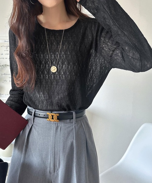 classicalelf（クラシカルエルフ）の「ほどよい透け感が大人上品。総柄シアーレーストップス(長袖)（Tシャツ/カットソー・レディース・ブラウン/グレイッシュベージュ/ブラック/オフホワイト/ブルー・X-LARGE/SMALL/MEDIUM/LARGE）」の2枚目の写真