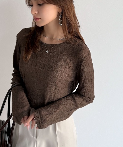 classicalelf（クラシカルエルフ）の「ほどよい透け感が大人上品。総柄シアーレーストップス(長袖)（Tシャツ/カットソー・レディース・ブラウン/グレイッシュベージュ/ブラック/オフホワイト/ブルー・X-LARGE/SMALL/MEDIUM/LARGE）」の20枚目の写真