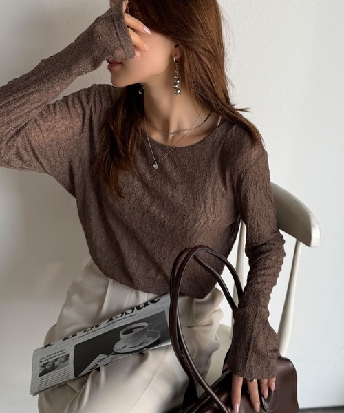 classicalelf（クラシカルエルフ）の「ほどよい透け感が大人上品。総柄シアーレーストップス(長袖)（Tシャツ/カットソー・レディース・ブラウン/グレイッシュベージュ/ブラック/オフホワイト/ブルー・X-LARGE/SMALL/MEDIUM/LARGE）」の19枚目の写真