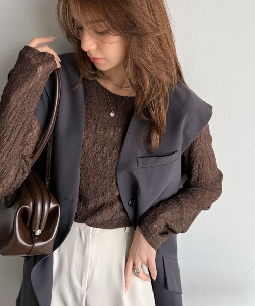 classicalelf（クラシカルエルフ）の「ほどよい透け感が大人上品。総柄シアーレーストップス(長袖)（Tシャツ/カットソー・レディース・ブラウン/グレイッシュベージュ/ブラック/オフホワイト/ブルー・X-LARGE/SMALL/MEDIUM/LARGE）」の22枚目の写真